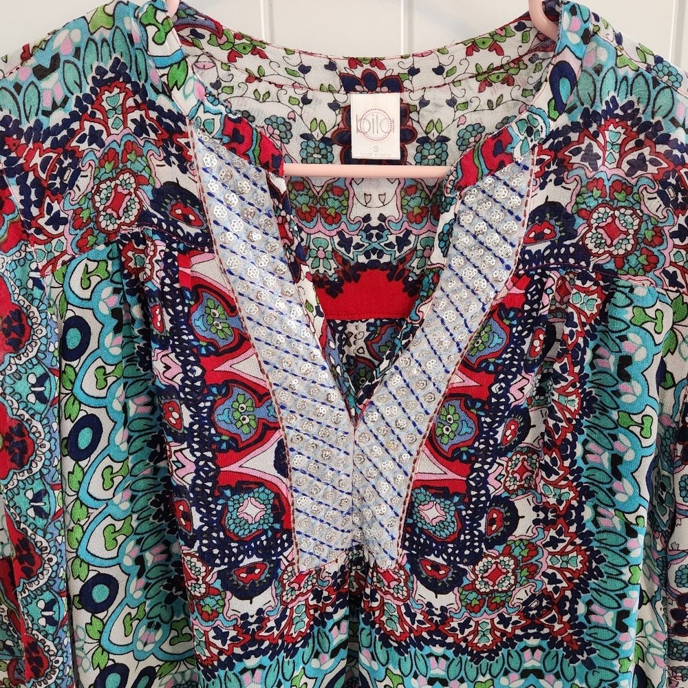 BILA Peasant V Neck Embroidery Paisley Sequins Blue Red Blouse Size Small - Picture 3 of 7